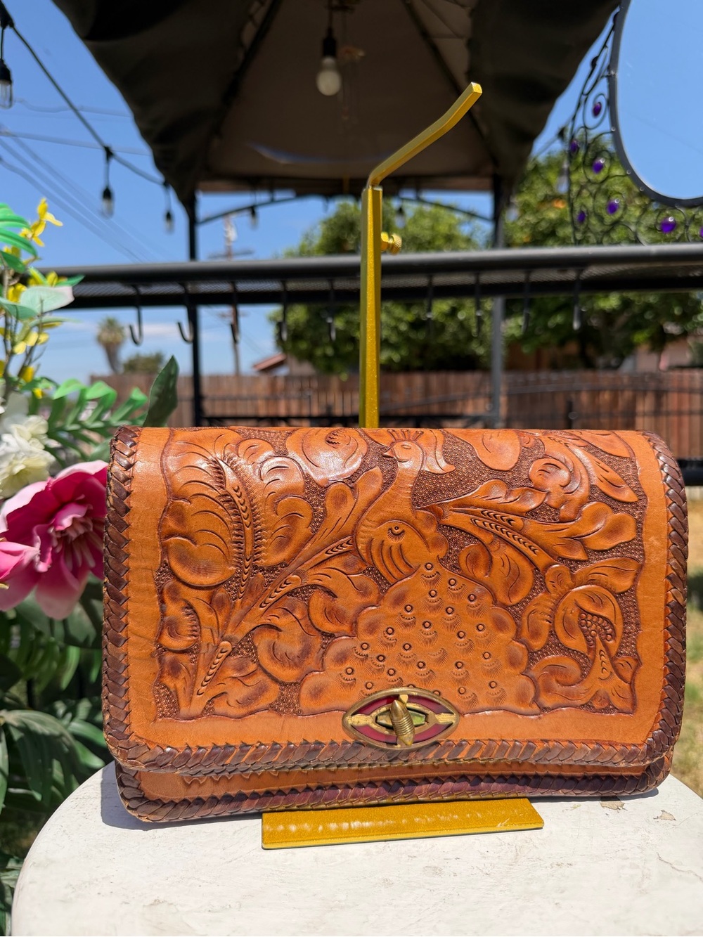 Vintage Tooled Leather Peacock Crossbody Bag – 70s Western Boho